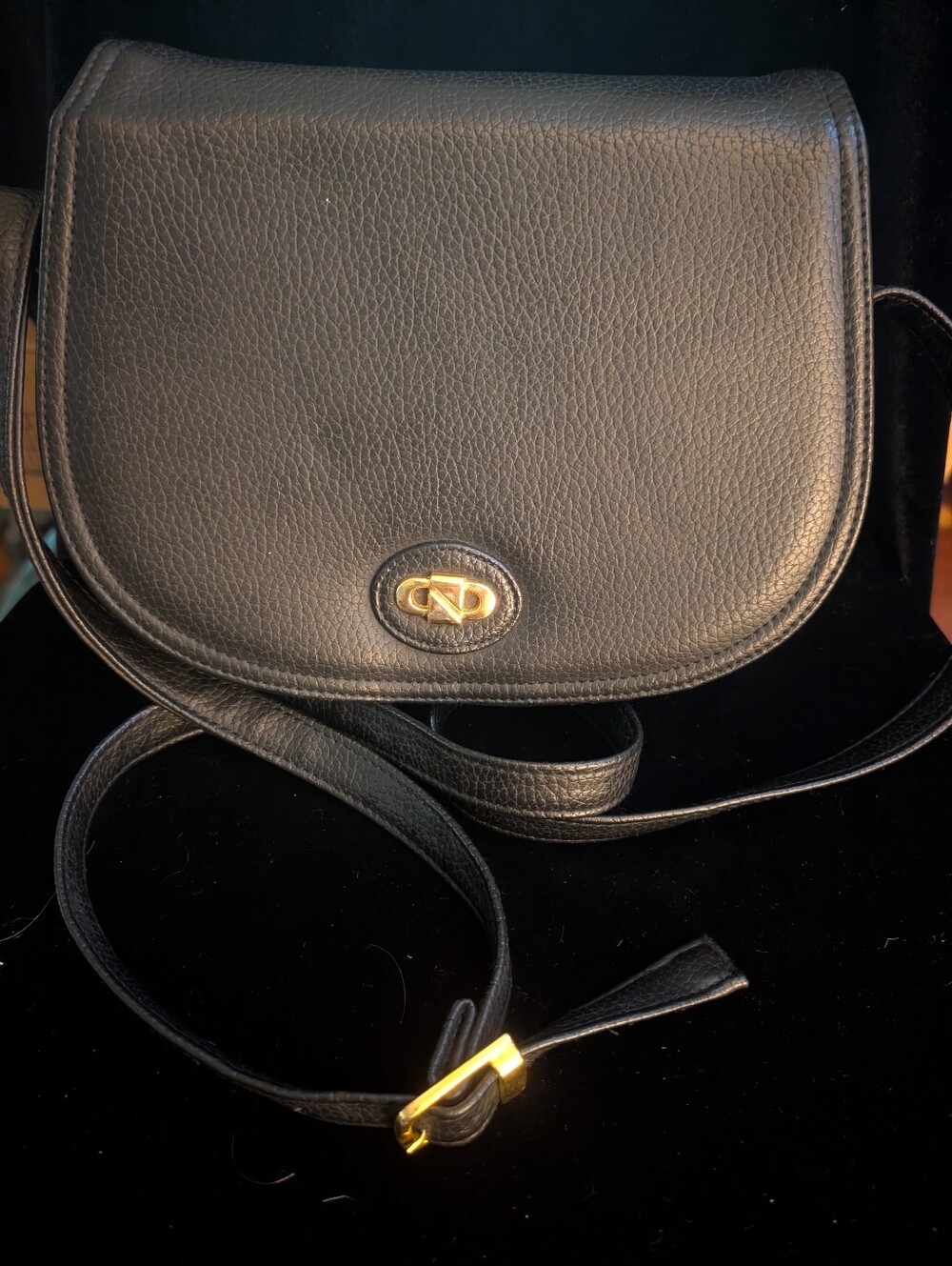 Black Leather Crossbody Saddle Bag with Gold Hardware